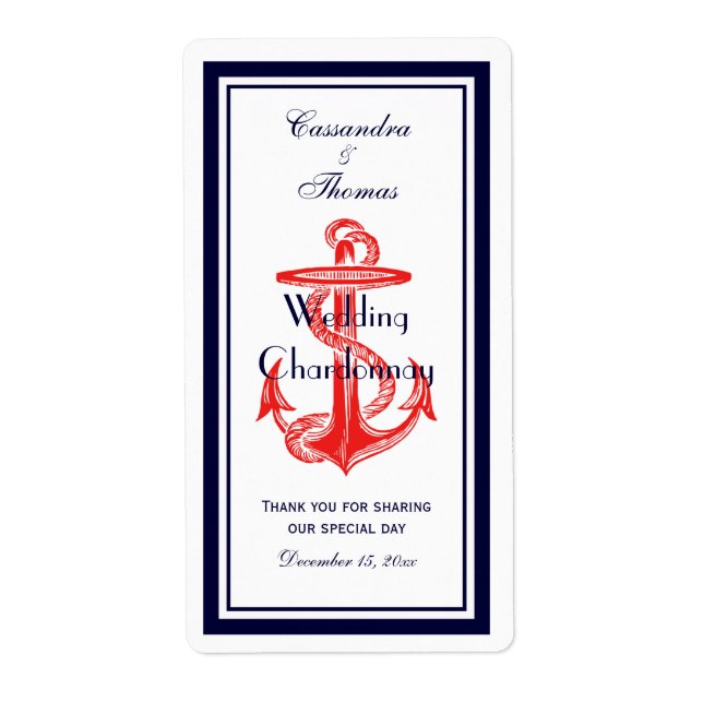 Nautical Red Anchor Navy Blue Framed V Wine Bottle (Front)