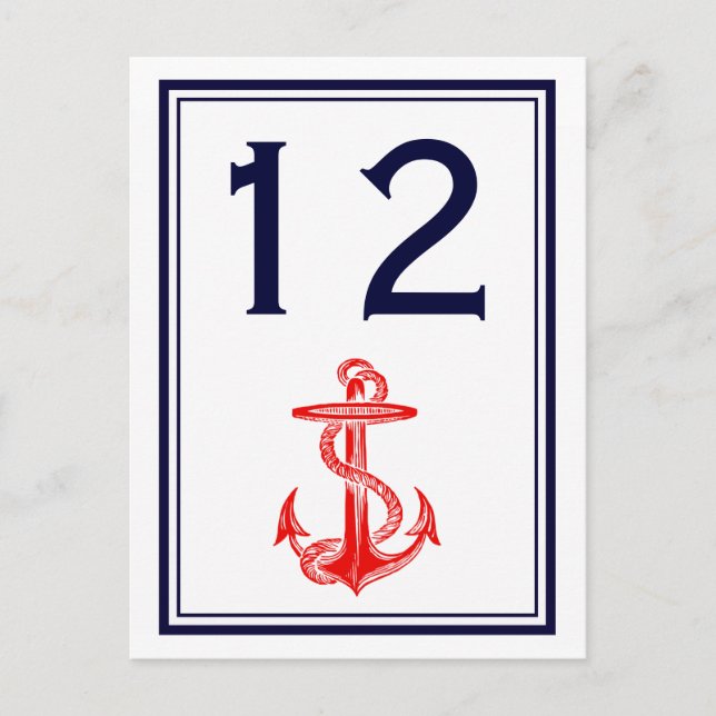 Nautical Red Anchor Navy Framed 2V Table Number Postcard (Front)