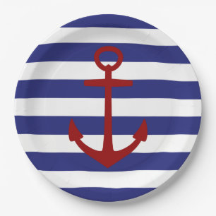 Nautical Red Anchor on Blue and White Stripes Paper Plate