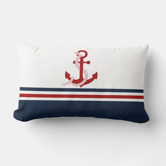 Nautical Red Anchor Red White Blau Stripes Lumbar Cushion (Front)