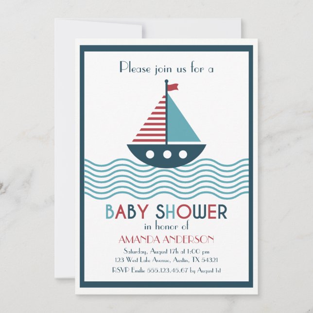 Nautical red and blue boat BABY SHOWER Invitation (Front)