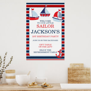Nautical Red and Blue Sail Boats Boys 1st Birthday Poster