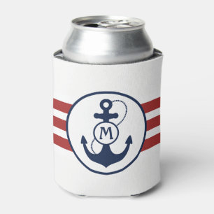 Nautical Red and Navy Blue Anchor Monogram Can Cooler