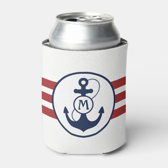 Nautical Red and Navy Blue Anchor Monogram Can Cooler (Can Front)