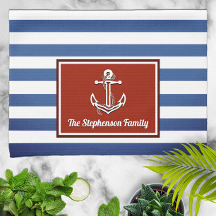 Nautical Red and Navy Striped Personalised Tea Towel
