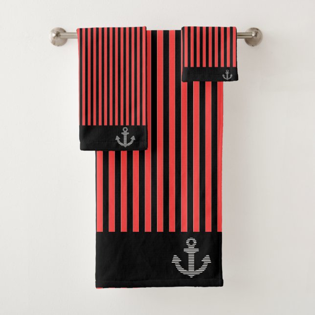 Nautical Red Black Stripe Anchor Banded  Bath Towel Set (Insitu)
