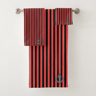 Nautical Red Black Stripe Anchor Bath Towel Set
