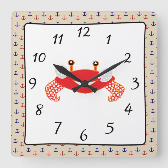 Nautical Red Blue Anchors  Crab Clock (Front)