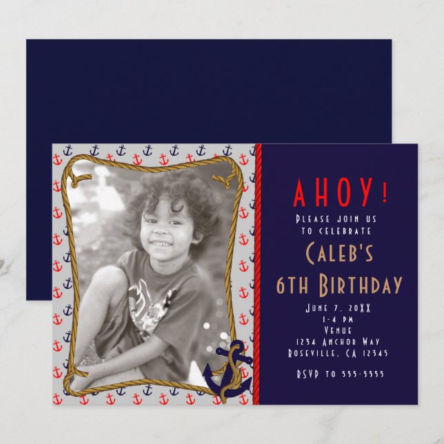 Nautical Red & Blue Anchors Photo Invitation (Front/Back)