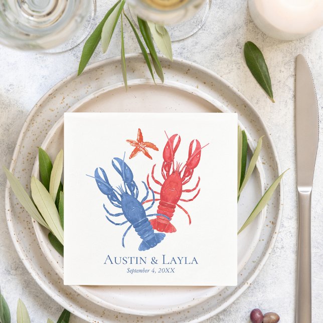Nautical Red Blue Lobster Personalised Napkin (Creator Uploaded)