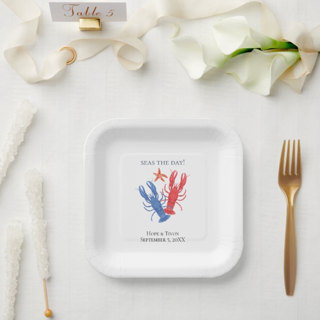 Nautical Red Blue Lobster, Seas the Day Paper Plate (Wedding)