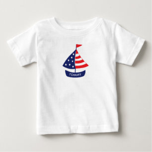 Nautical Red Blue Sailboat Personalised Name Baby T-Shirt