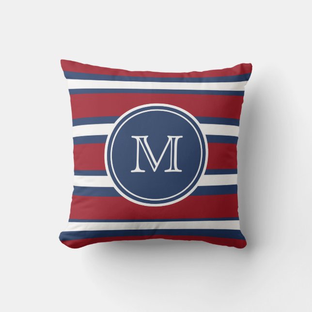 Nautical Red Blue Stripe Monogram Throw Pillow (Front)