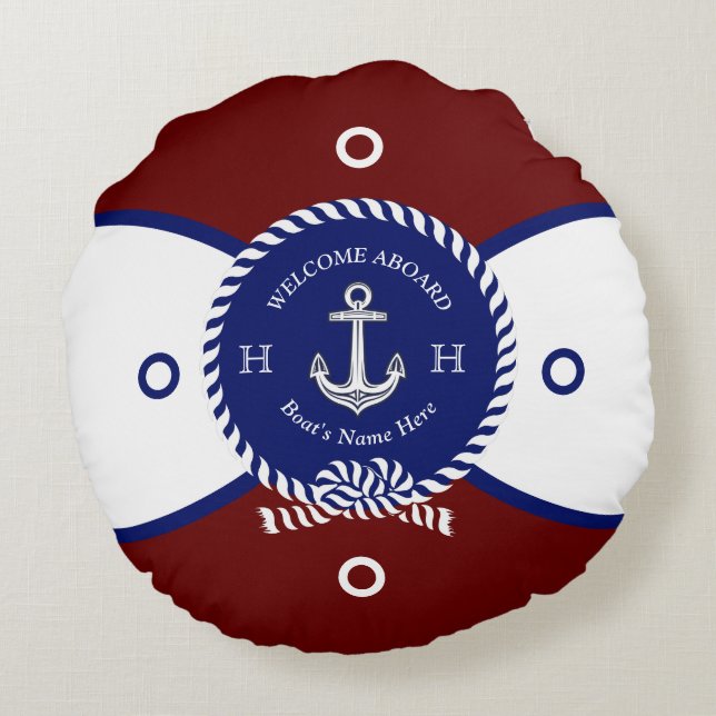 Nautical Red Blue White Anchor Life Ring  Round Cushion (Back)