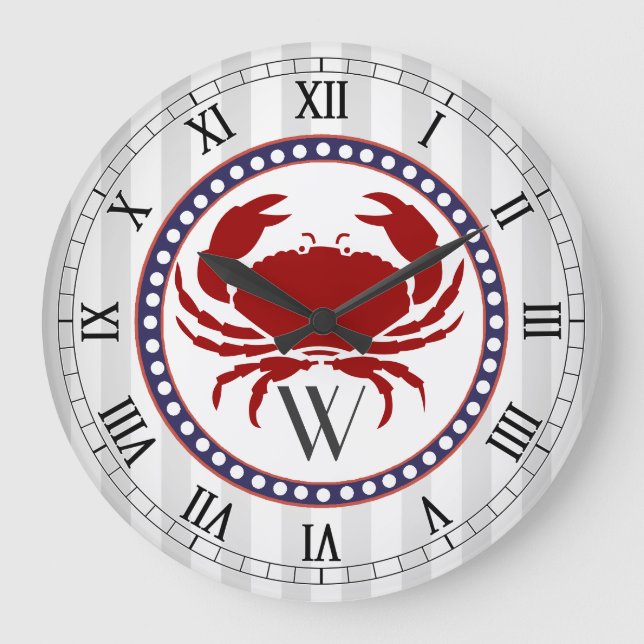 Nautical red crab and grey stripes monogram large clock (Front)