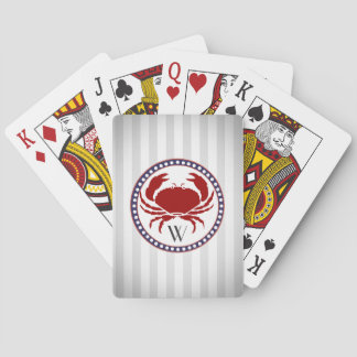 Nautical red crab and grey stripes monogram playing cards