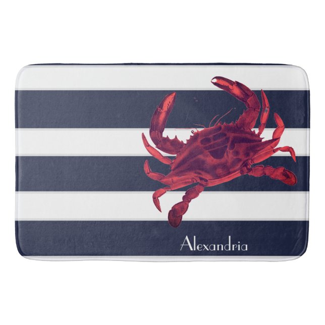 Nautical Red Crab Navy Blue White Stripes Bath Mat (Front)
