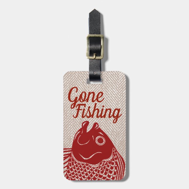 Nautical Red Fish Head & Taupe Herringbone Luggage Tag (Front Vertical)