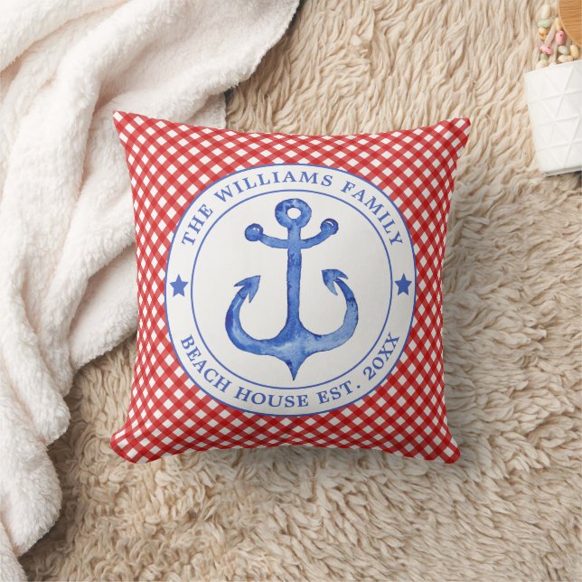 Nautical Red Gingham Pattern - Family Beach House Cushion (Blanket)