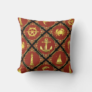Nautical red/gold/dolphin/sailboat/anchor/crab cushion