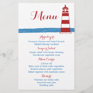 Nautical Red Lighthouse Blue Stripes Wedding Menu