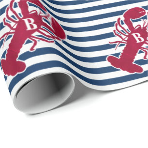 Nautical Red Lobster   Blue and White Stripe   B Wrapping Paper