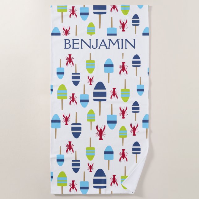 Nautical Red Lobster Buoy Beach House Personalised Beach Towel (Front)