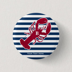 Nautical Red Lobster Monogram Blue White Stripe 3 Cm Round Badge