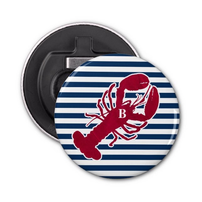 Nautical Red Lobster Monogram Blue White Stripe Bottle Opener (Front)