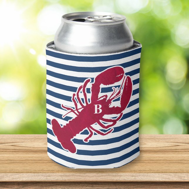 Nautical Red Lobster Monogram Blue White Stripe Can Cooler (Creator Uploaded)