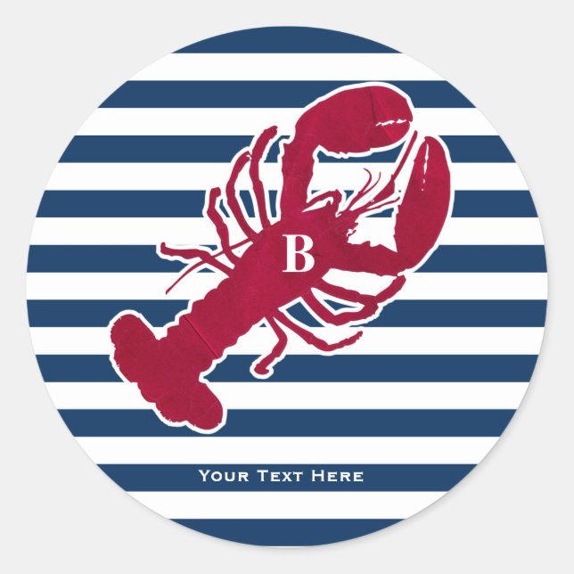Nautical Red Lobster Monogram Blue White Stripe Classic Round Sticker (Front)