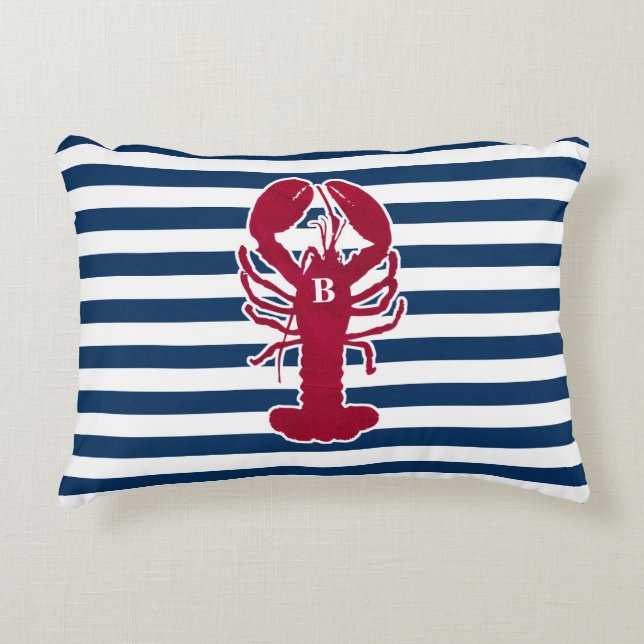 Nautical Red Lobster Monogram Blue White Stripe Decorative Cushion (Front)