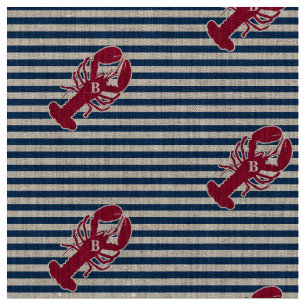Nautical Red Lobster Monogram Blue White Stripe Fabric