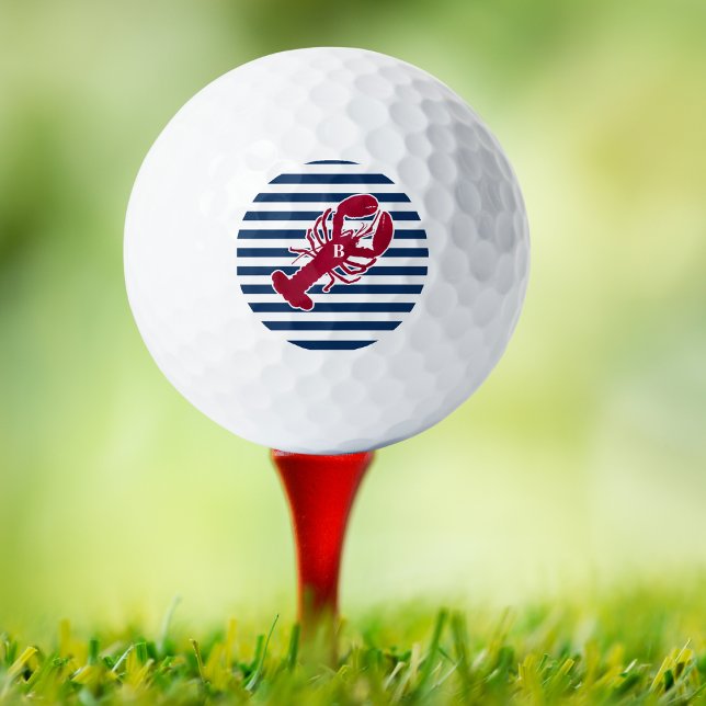 Nautical Red Lobster Monogram Blue White Stripe Golf Balls (Creator Uploaded)