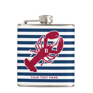 Nautical Red Lobster Monogram Blue White Stripe Hip Flask