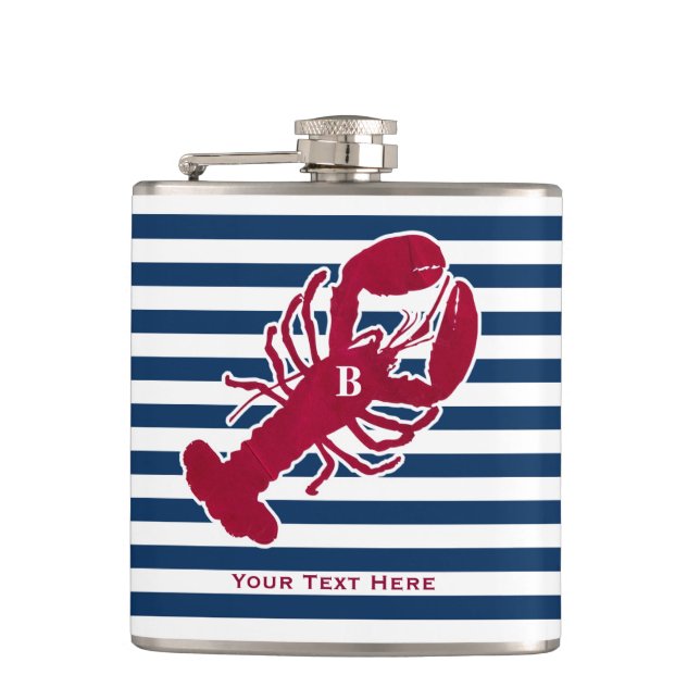 Nautical Red Lobster Monogram Blue White Stripe Hip Flask (Front)