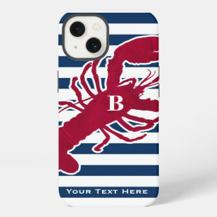 Nautical Red Lobster Monogram Blue White Stripe iPhone 13 Case