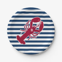 Nautical Red Lobster Monogram Blue White Stripe
