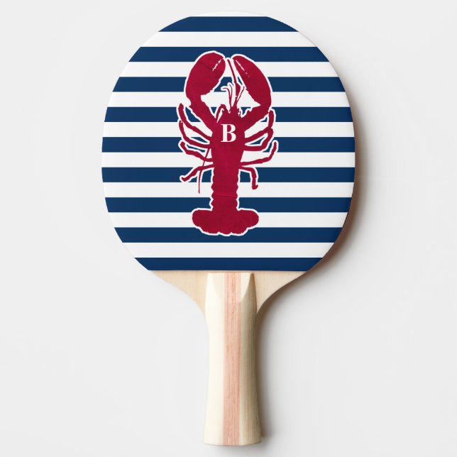 Nautical Red Lobster Monogram Blue White Stripe Ping Pong Paddle (Front)