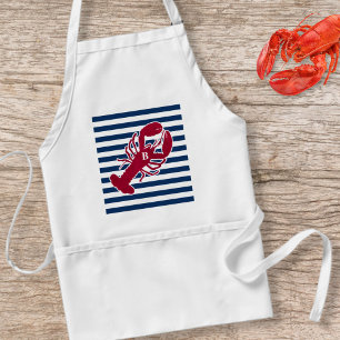 Nautical Red Lobster Monogram Blue White Stripe Standard Apron