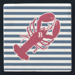 Nautical Red Lobster Monogram Blue White Stripe Stone Coaster<br><div class="desc">A Red Lobster with your monogram or text set on a navy blue and white striped background.  A perfect design for a beach or summer house by the ocean,  lobster bake on the shore,  reunions or just everyday living.  Click on the Colorfulgalshop logo below for more fun nautical designs.</div>