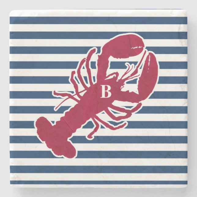 Nautical Red Lobster Monogram Blue White Stripe Stone Coaster (Front)