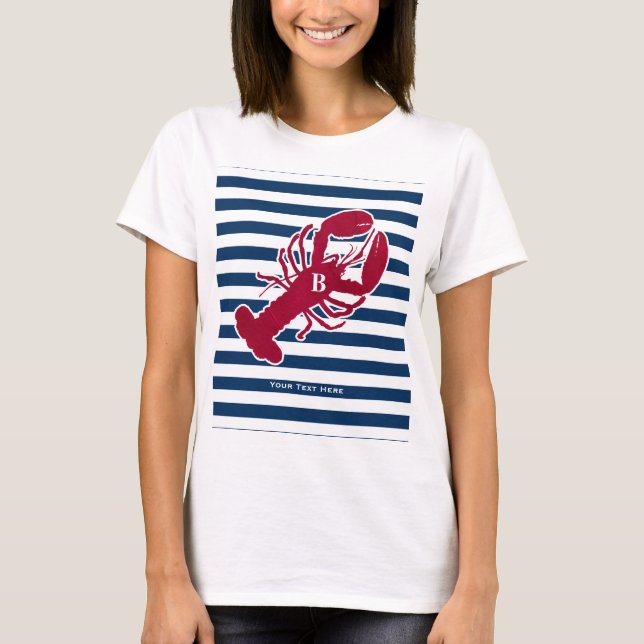 Nautical Red Lobster Monogram Blue White Stripe T-Shirt (Front)