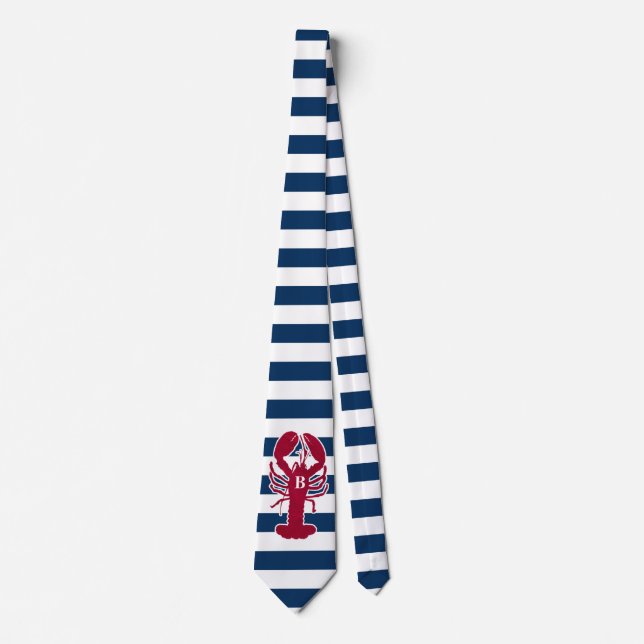 Nautical Red Lobster Monogram Blue White Stripe Tie (Front)