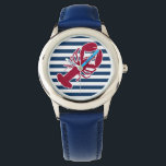 Nautical Red Lobster Monogram Blue White Stripe Watch<br><div class="desc">A Red Lobster with your monogram or text set on a navy blue and white striped background. A perfect design for a beach or summer home by the ocean, lobster bake on the shore, reunions or just everyday living. Click on the Colorfulgalshop logo below for more fun nautical designs.</div>