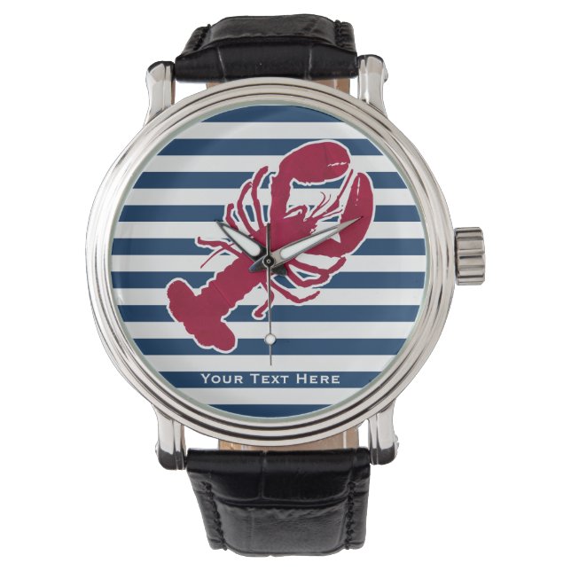 Nautical Red Lobster Monogram Blue White Stripe Watch (Front)