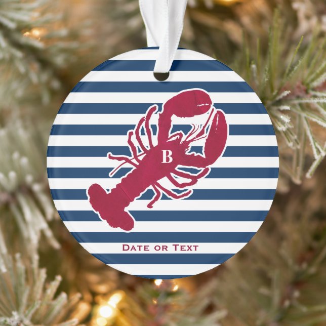 Nautical Red Lobster Monogram Striped Christmas Ornament (Tree)