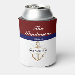 Nautical Red maroon burgundy Monogram Lake House Can Cooler