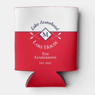 Nautical Red Modern Monogram Lake House Can Cooler