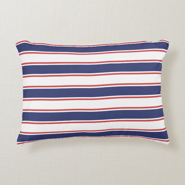 Nautical Red & Navy Blue Stripes Decorative Cushion (Front)